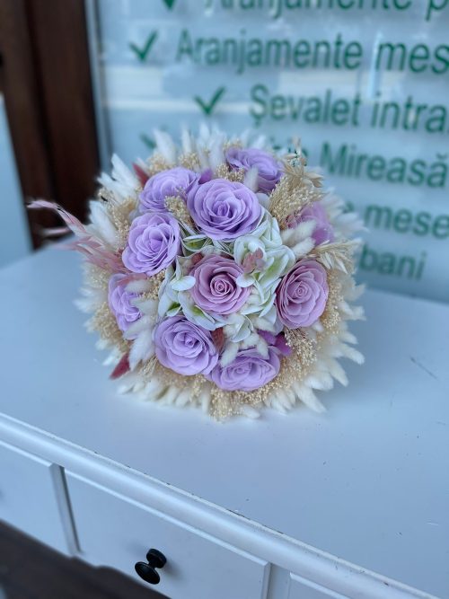 Buchet Mireasa Alb-Mov-Auriu